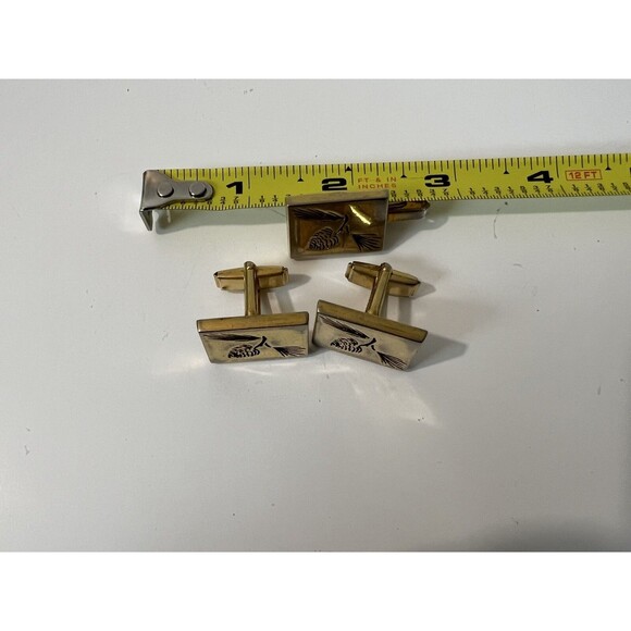 Tie Clip Cuff Links Vintage Pioneer Rustic Pine Cone Outdoors Nature Gold Tone - Picture 5 of 6